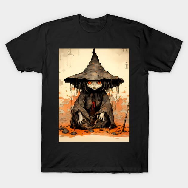 Halloween Apprentice: The Little Goblin Witch on a Dark Background T-Shirt by Puff Sumo